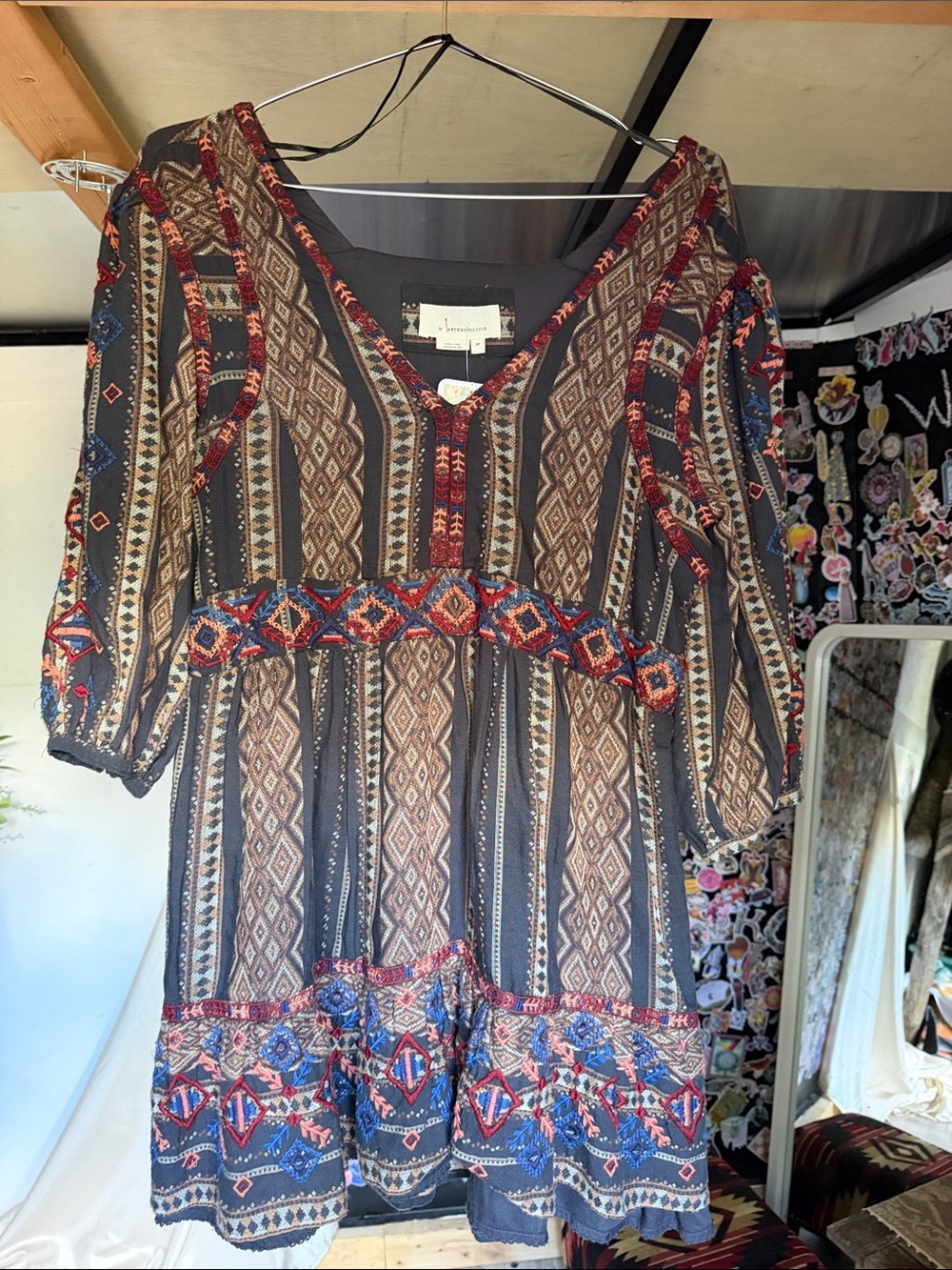 Anthropologie Embroidered Boho Mini Dress in Black, Red, Blue